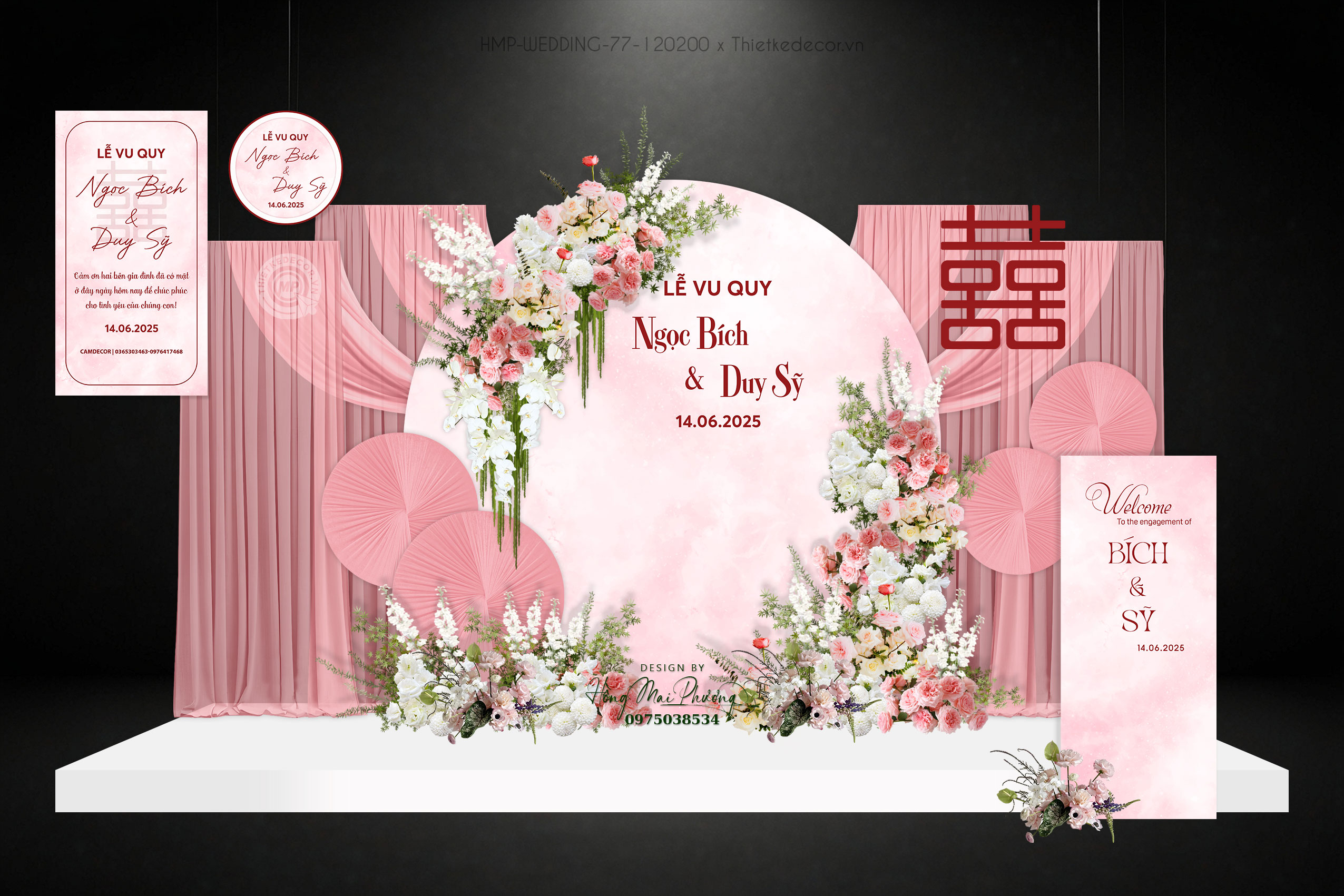 Giá tiên back tròn phối rèm tone hồng nền loang, có thể ứng dụng cho sân khấu đám cưới, kèm tem tag và bảng welcome